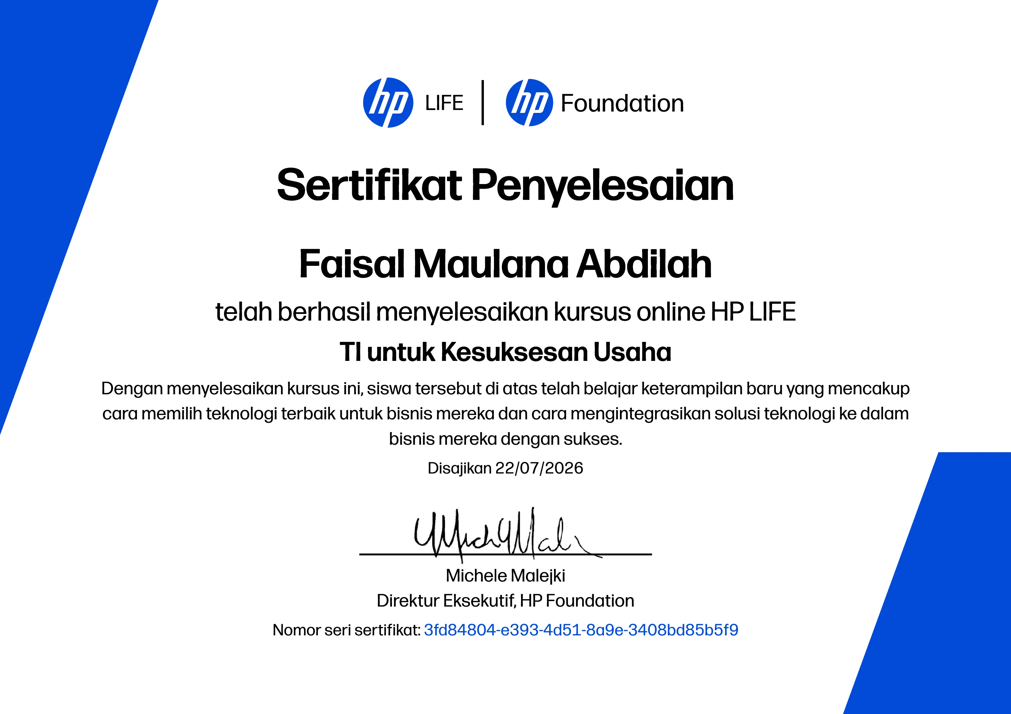 Gambar contoh sertifikat HP LIFE untuk uji tampilan