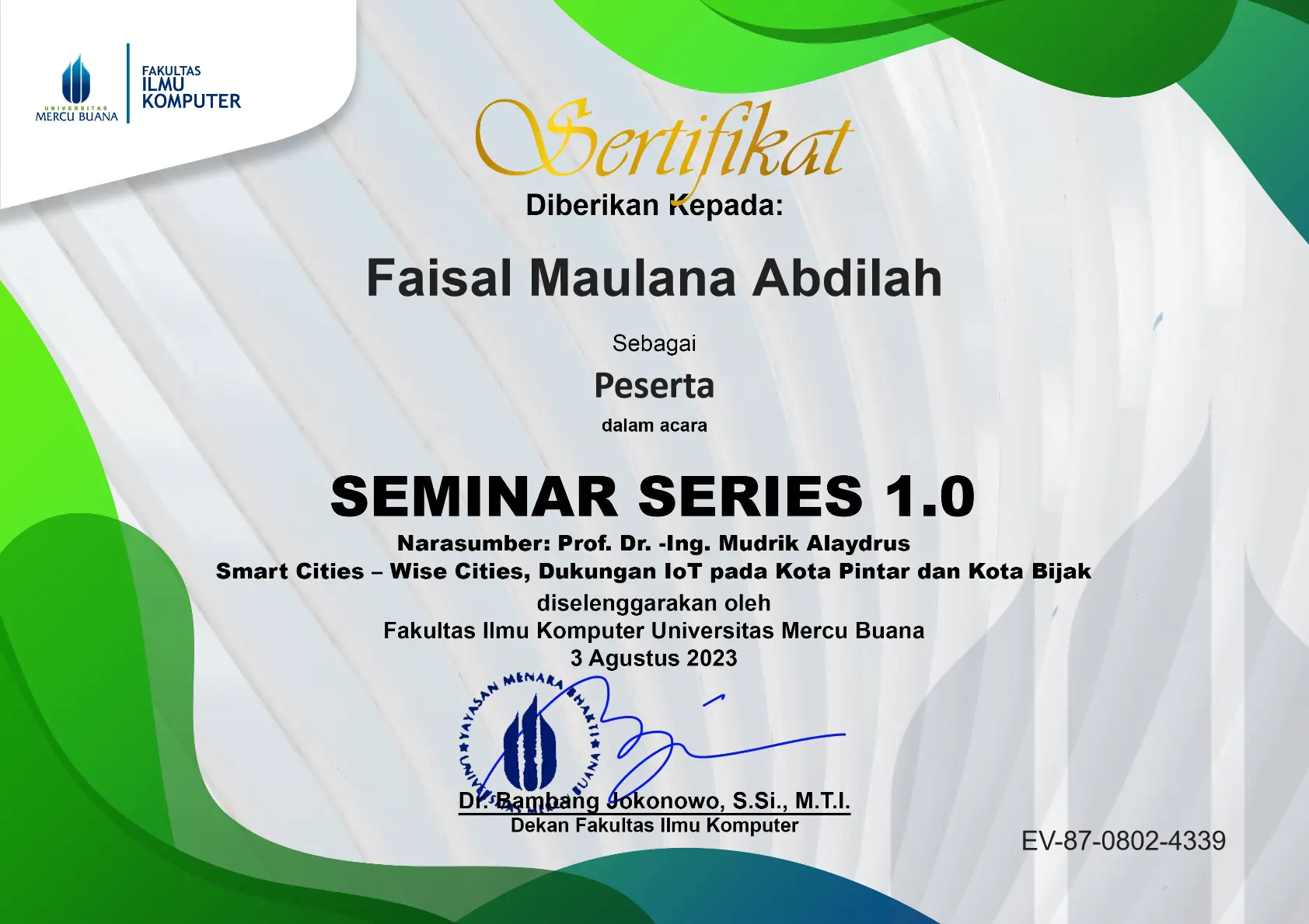 Gambar contoh sertifikat Seminar Series 1.0 untuk uji tampilan