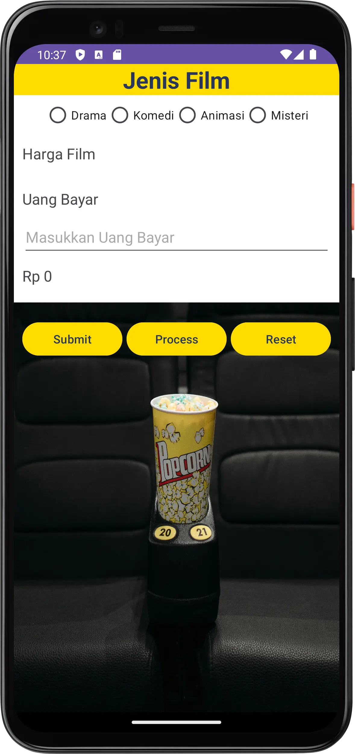 Contoh layar aplikasi pilihan jenis film dalam bingkai ponsel